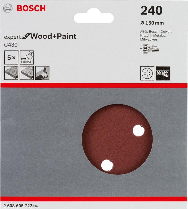 Produktbild Bosch Professional Zubehör Schleifblatt C430, 150 mm, 240, 6 Löcher, Klett, 5er-Pack (240)