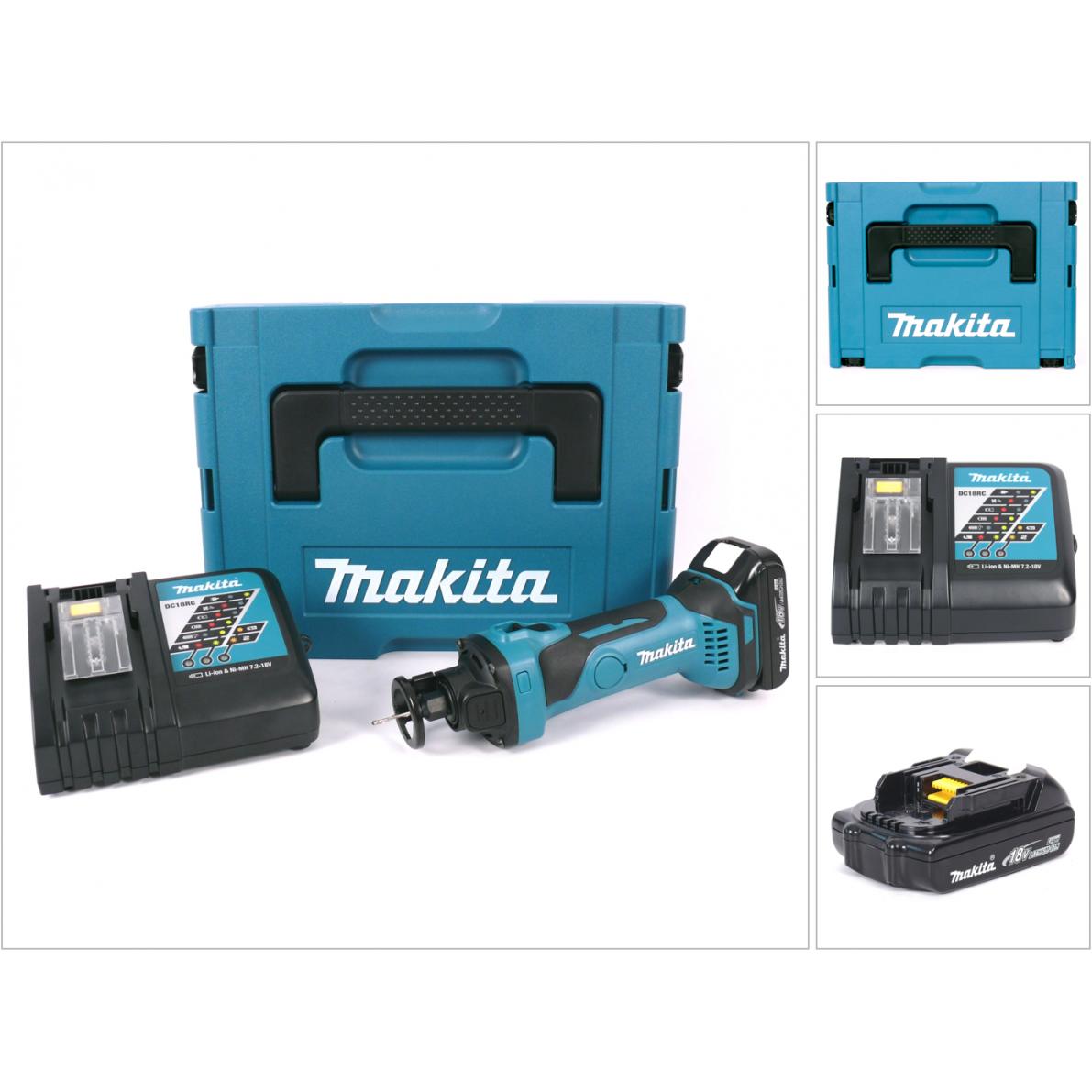 Makita, Sega speciale, DCO 180 RY1J Rifilatore per cartongesso a batteria 18 V in valigetta Makpac + 1x Batteria 1,5