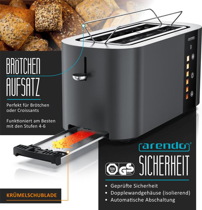 Image du produit Arendo Toaster Edelstahl 4 Scheiben Langschlitz, Touch Display, Bräunungsgrad & Restzeitanzeige, 1500 W