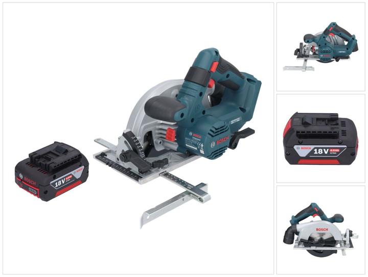1.0 x 20 mm, 24 (2 608 837 685), 1x rip fence (2 608 000 817), 1x Bosch GBA 18 V, 1x Bosch GKS 18V-57-2 Professional cordless portable circular saw, 1x circular saw blade, Standard for Wood, 165 x 1.5, 4000 mAh Li-Ion battery, 4 Ah