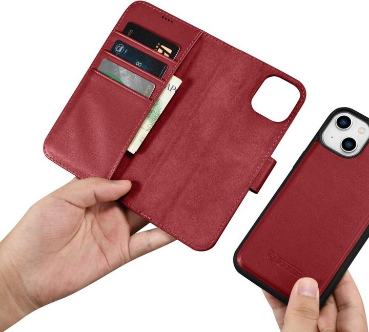Produktbild iCarer Wallet Case 2 in1 Cover iPhone 14 Plus Anti-RFID Leder Flip Cover Rot (WMI14220727-RD) (Apple iPhone 14 Plus)
