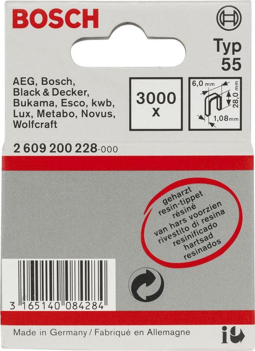 Produktbild Bosch Professional Zubehör Schmalrückenklammer Typ 55, geharzt 6 x 1,08 x 28 mm, 3000er-Pack