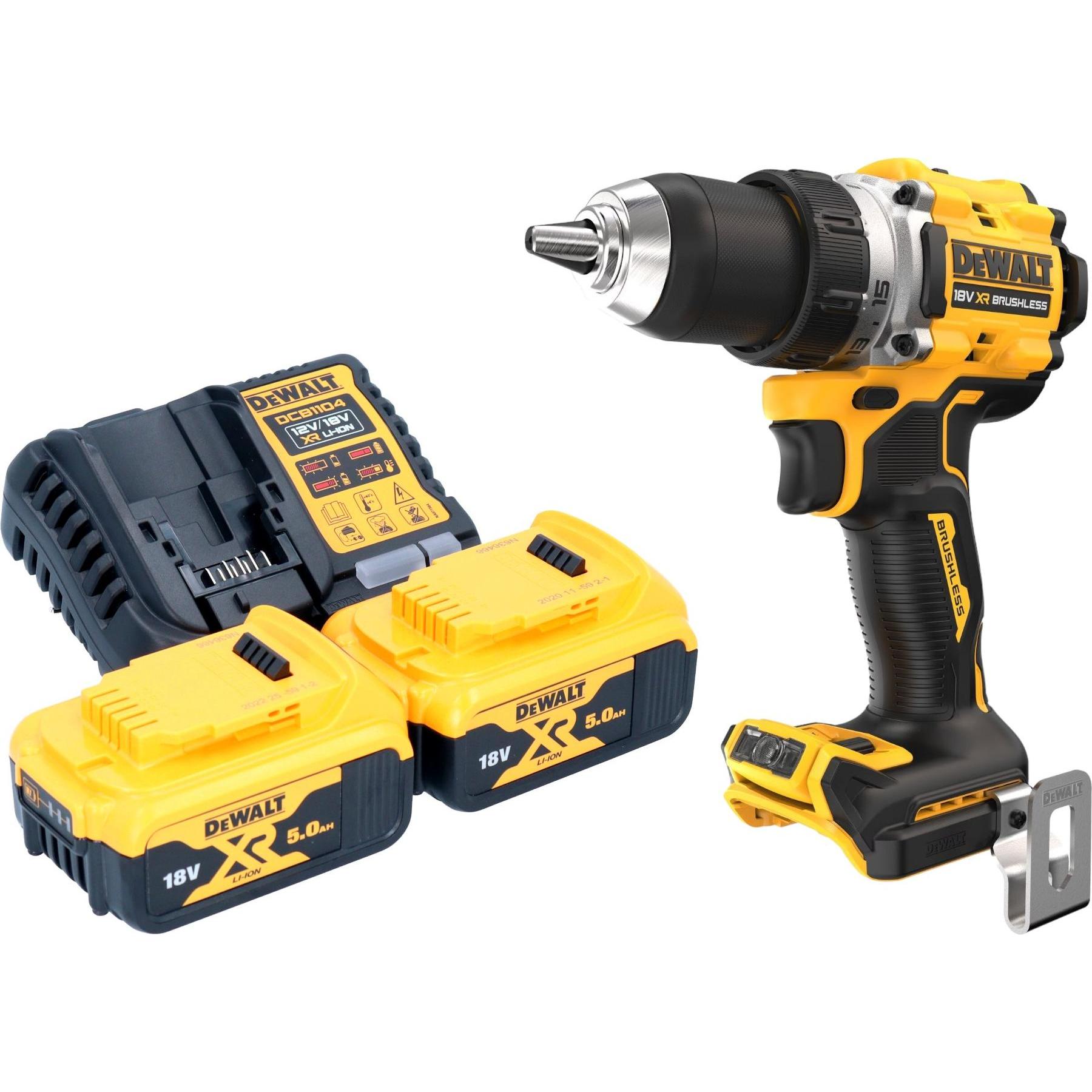 DeWalt, Bohrmaschine + Akkuschrauber, DCD 800 P2 Akku Bohrschrauber 18 V 90 Nm Brushless + 2x Akku 5,0 Ah + Ladegerät (A...