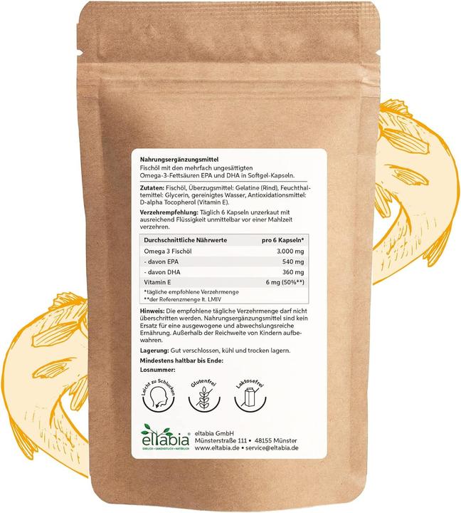 Actual product image Eltabia Omega 3 capsules 500mg fish oil highly dosed 3000mg daily dose with 18% EPA & 12% DHA (100 Piece, Capsules)