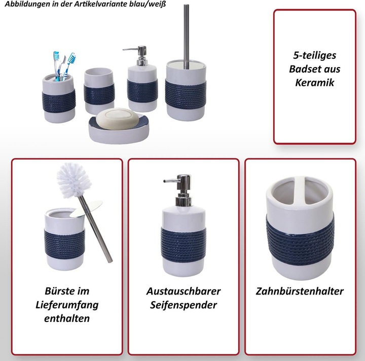 Produktbild Swisshandel24 5-teiliges Badset, WC-Garnitur Badezimmerset Badaccessoires, Keramik - blau/weiss