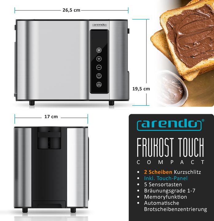 Actual product image Arendo Toaster stainless steel 2 slices short slot, bread roll attachment, touch panel, display with