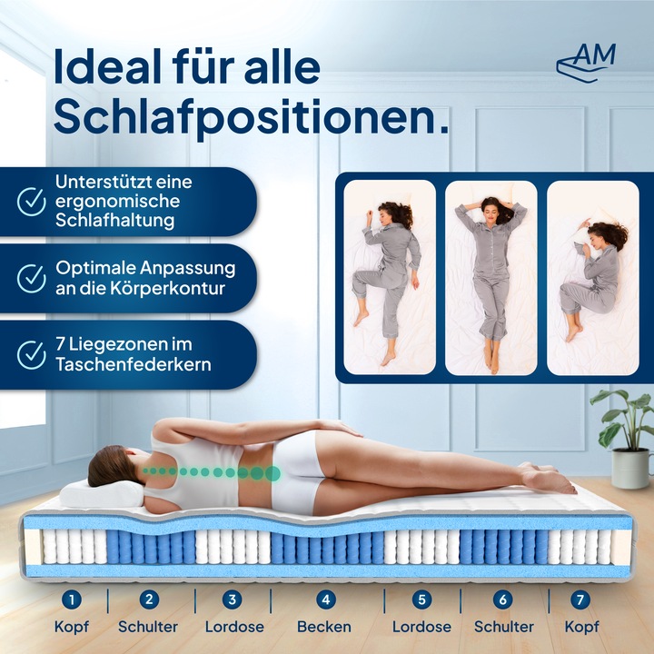 Produktbild AM Qualitätsmatratzen 1000 Federn 7-Zonen Taschenfederkern (90 x 210 cm, Federkern)