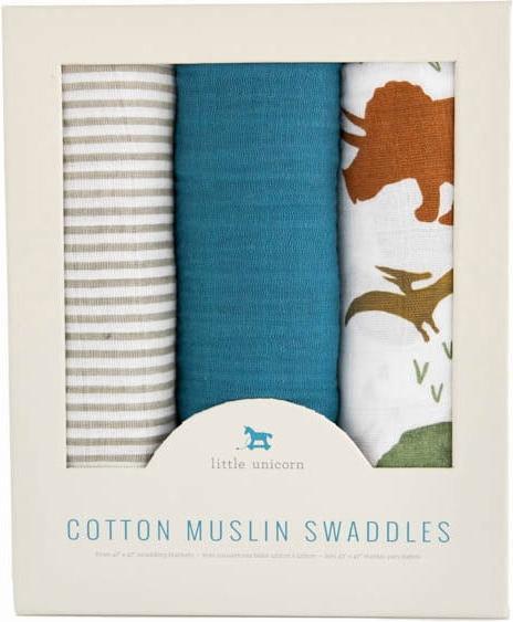 Actual product image little unicorn Cotton Muslin Swaddle 3 Pack - Dino Friends (120 cm, 120 cm)
