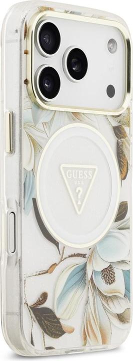 Produktbild Guess Case Magsafe IML Case Glitter Flowers And Triangle With Metal Camera Frame And Buttons For iPh (Apple iPhone 17 Pro Max)