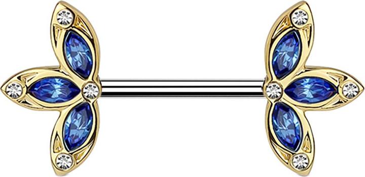 Immagine prodotto Star Piercing Barbell vergoldet mit drei Blütenblatt blau (Ottone, Acciaio chirurgico 316L)