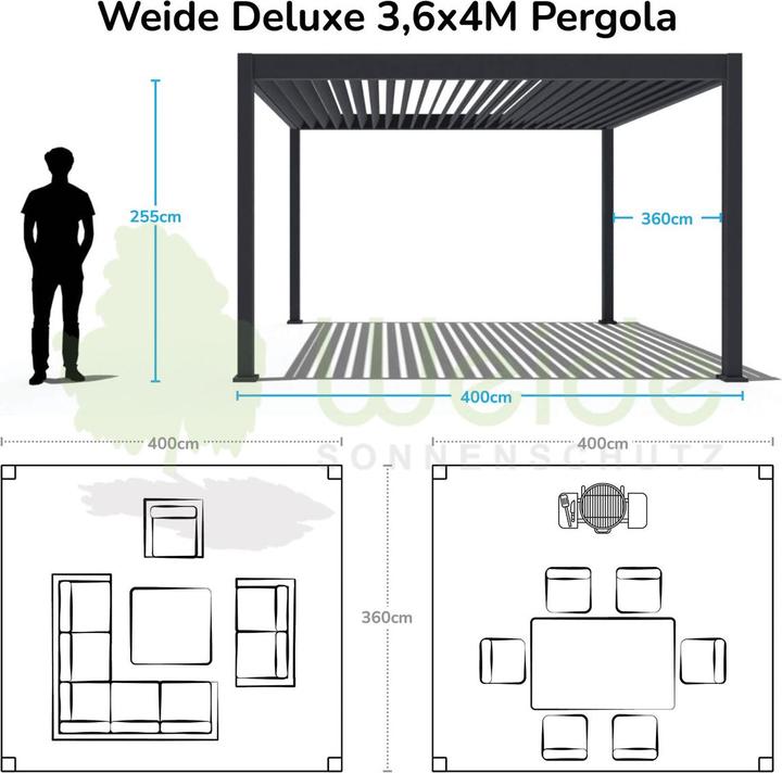 Produktbild Weide elektrische Pergola 3.6x4m Anthrazit mit LED (400 cm, 360 cm)