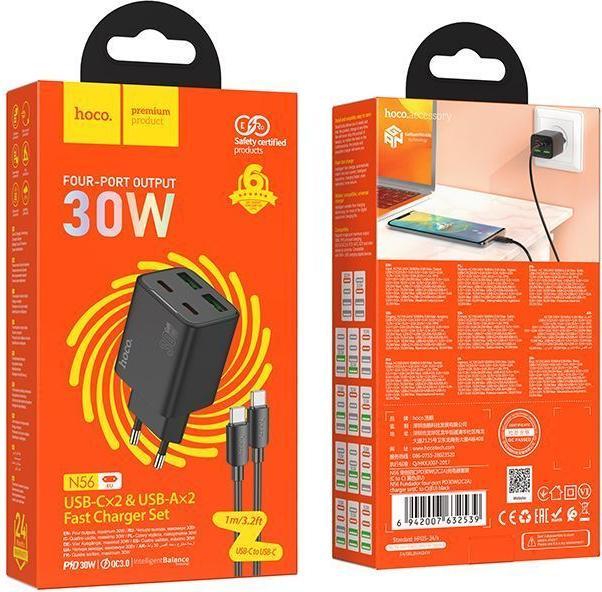 Actual product image Hoco Adapter charger 2 x Type C + 2 x USB A + cable Type C to Type C PD QC3.0 3A 30W N56 black (30 W, 4 ports)