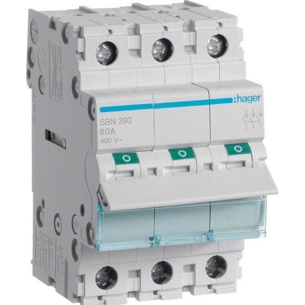 Thumbnail - Hager SBN390. Nennstrom: 100 A, Spulenspannung (max): 440 V. Module Menge (max): 3 Modul(e). Breite: 52,5, Passive Bauel...