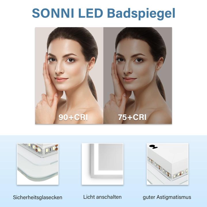 Produktbild SONNI Badezimmerspiegel LED-Spiegel, (Winkel-)Wandspiegel mit LED-Beleuchtung, Kaltweiss, IP44, energ