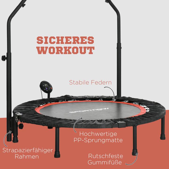 Actual product image Swisshandel24 Mini trampoline, with height-adjustable handle, LCD monitor, steel, black+red, Ø102x99-123cm (102 cm)