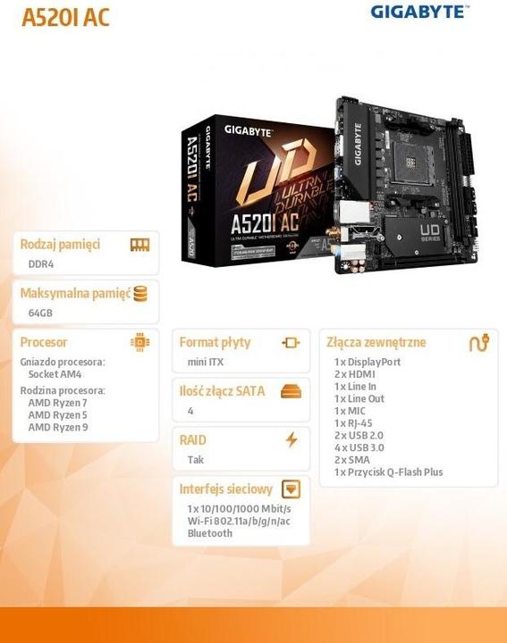 Immagine prodotto Gigabyte MB A520I (AM4, AMD A520, Mini-ITX)
