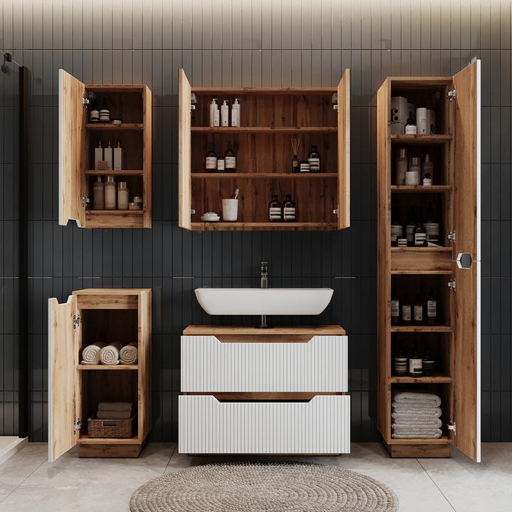 Actual product image Vicco Waschbeckenunterschrank Lotta, Eiche/weiss gestreift, 79.6 x 62.5 cm mit 2 Schubladen (79.60 x 32 x 62.50 cm)