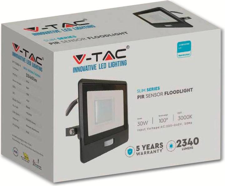 Actual product image V-TAC VT138S1 30W LED PIR Sensor Floodlight SAMSUNG Chip Black Body 3000K 1M Cable (2340 lm, IP65)