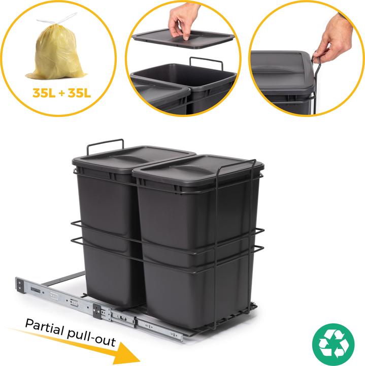 Produktbild Emuca Recyclingbehälter für die Küche mit Bodenbefestigung und manueller Auszug (70 l)