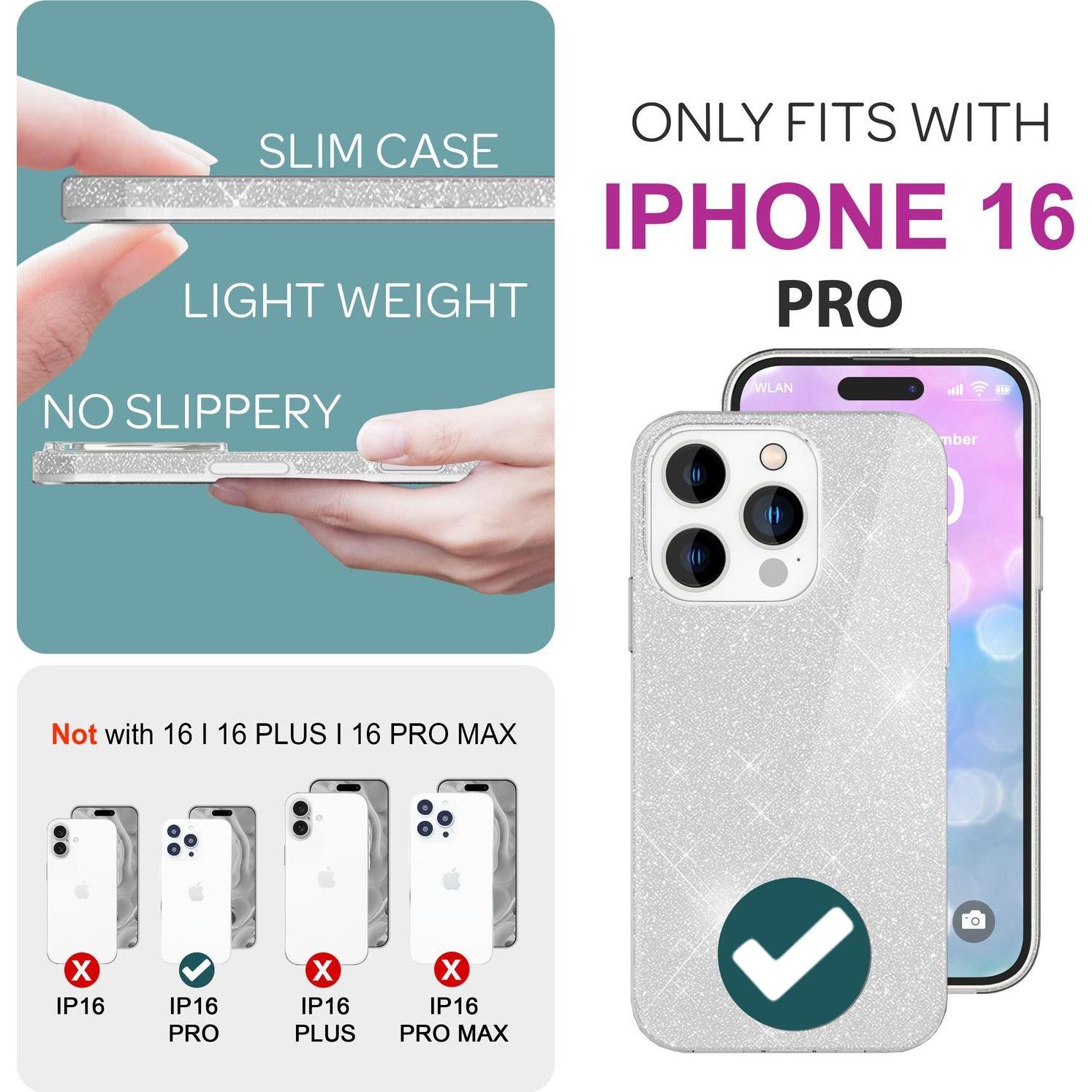 Thumbnail - Nalia Glitzer Hybrid Hülle (Apple iPhone 16 Pro), Smartphone Hülle, Silber