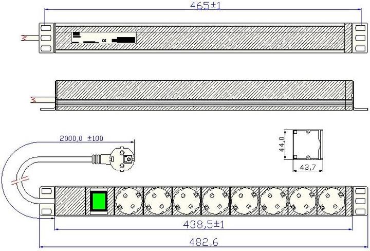 Nährwerte und Zutaten Bachmann 48,30cm (19")-Steckdosenleiste ALU 1HE, 8-fach, s. schwarz, Schutzkontakt, 2 m, mit Schalter (8x, CEE 7/3, 2 m)