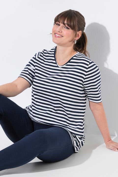 Produktbild Ulla Popken T-Shirts, 2er-Pack, Ringel/uni, V-Ausschnitt, Halbarm (46, 48)