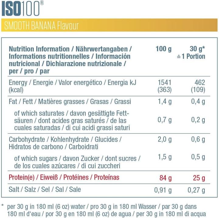 Valori nutrizionali e ingredienti Dymatize Iso 100 Banana liscia (2200 g, 1 x, Banana)
