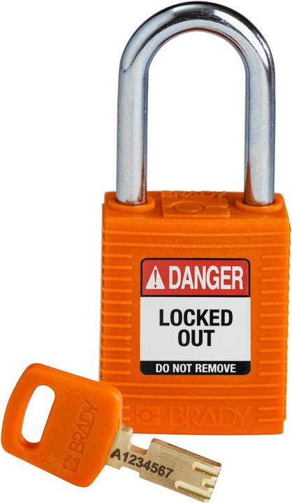 Actual product image Brady Safekey nylon safety lock with steel shackle, orange, 38 mm shackle height, 6.4 mm shackle diam
