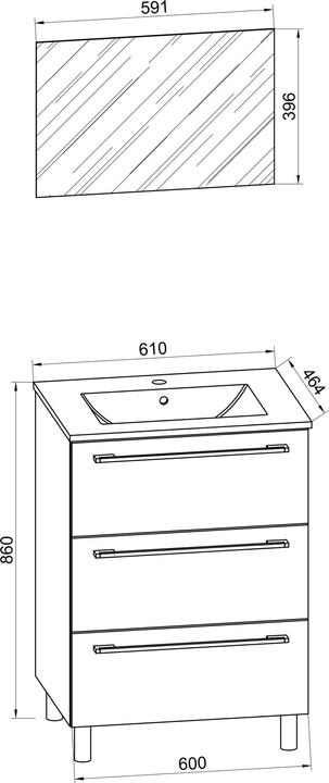 Actual product image VCM 3-piece wash place washbasin Badinos 2 drawers mirror cabinet