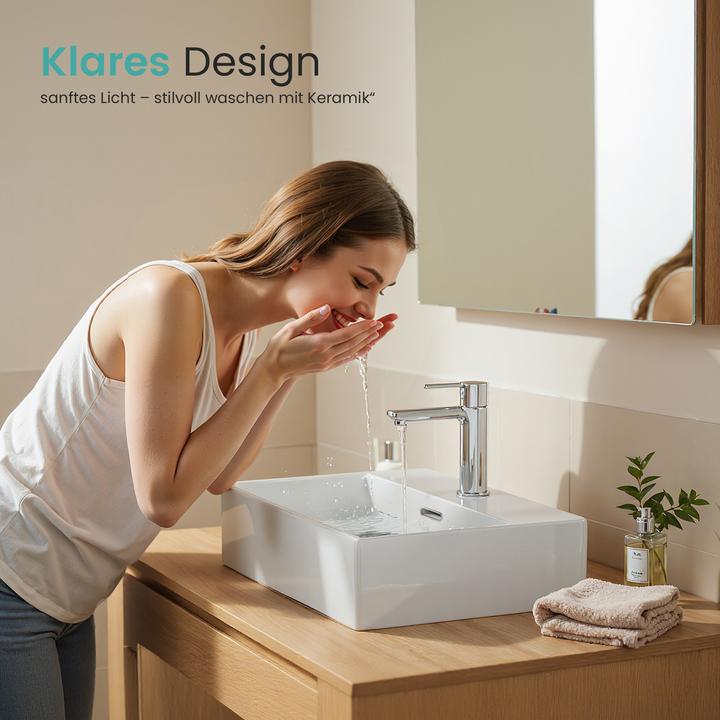 Produktbild Emke Aufsatzwaschbecken Keramik Waschbecken Eckiger Hängewaschbecken Waschtisch, Modernes Design für (360 mm, 600 mm)