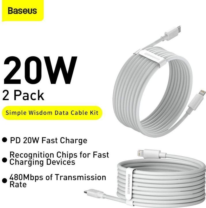 Actual product image Baseus Simple Wisdom Data Cable Kit USB-C to Lightning PD 20W (2PCS/Set) 1.5m White (1.50 m, 20 W)