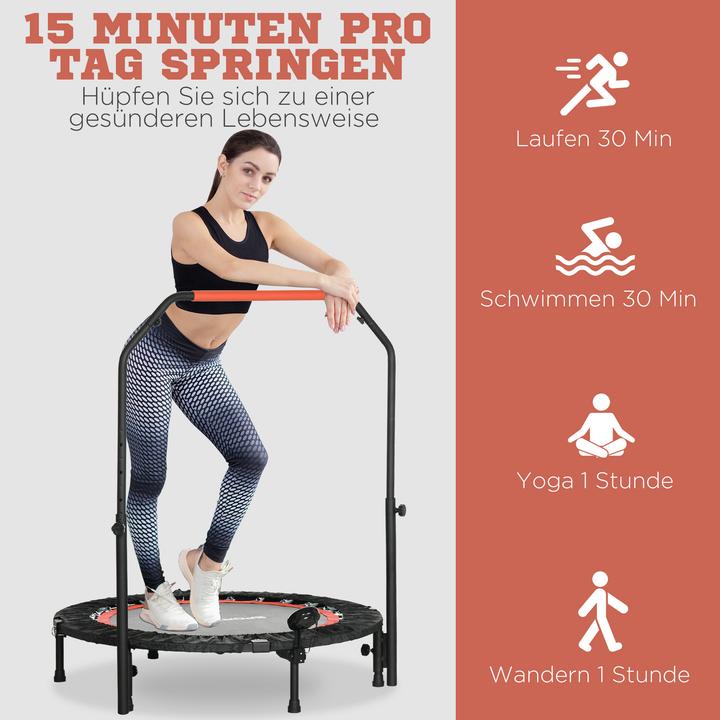 Actual product image Swisshandel24 Mini trampoline, with height-adjustable handle, LCD monitor, steel, black+red, Ø102x99-123cm (102 cm)