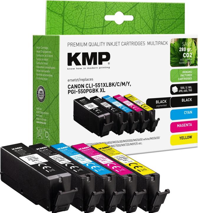 Actual product image KMP 2x schwarz, cyan, magenta, gelb Druckerpatronen kompatibel zu Canon PGI-550 XL PGBK, CLI-551 XL (C, FC, M, Y)