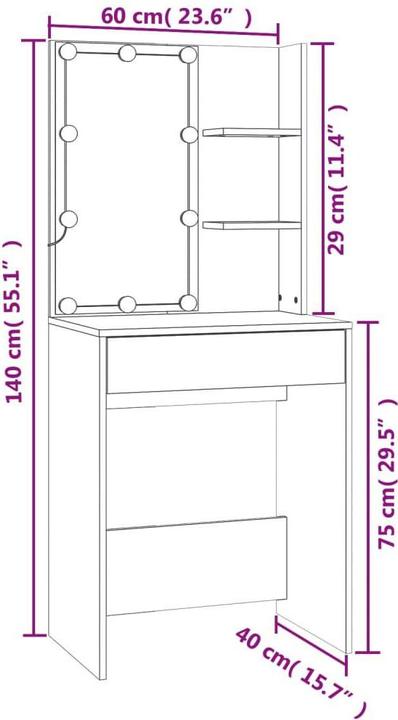 Image du produit vidaXL LED Schminktisch mit Schrank (60 x 40 x 140 cm)