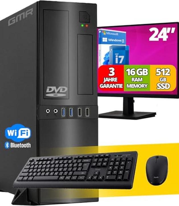 GMR Komplettes Office-PC-Set mit 24-Zoll-HD-Monitor, Intel i7, 16 GB RAM, 512 GB SSD, Windows 11 Pro (16.38 GB, 512 GB, UHD Graphics 770)