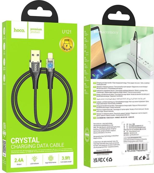 Actual product image Hoco Cable Cable USB A to Lightning 2,4A 1,2 m U121 black transparent (1.20 m, USB 3.2 Gen 1)