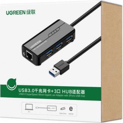 Produktbild Ugreen USB 2.0 Hub RJ45 Ethernet Adapter 3+1 Port USB 2.0-Hub Schwarz (USB-A, 3 Ports)