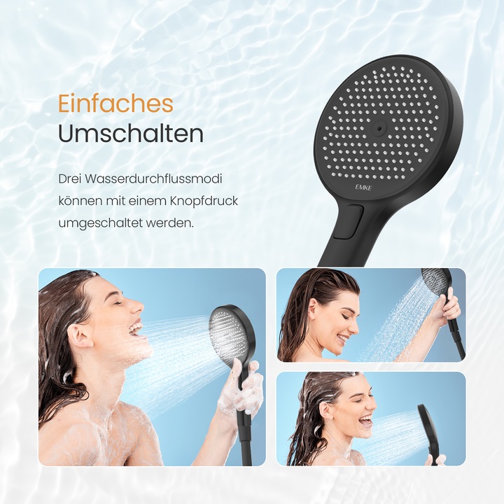 Produktbild Emke Duschsystem mit Thermostat, Handbrause + Regendusche(2 Strahlstärken) + Unterer Auslass, Schwarz