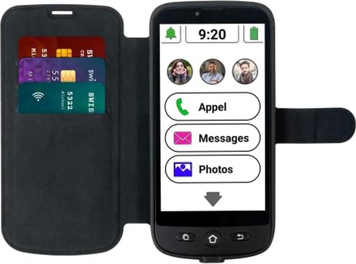 Productafbeelding Swissvoice S510-M met portemonnee hoesje, senior mobiele telefoon met whatsapp en videobellen (16 GB, Zwart, Dubbele SIM, 4G)