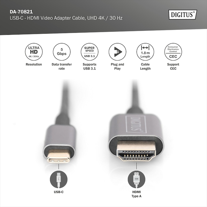 Actual product image Digitus USB Typ C — HDMI (Typ A) (1.80 m, USB Type C)