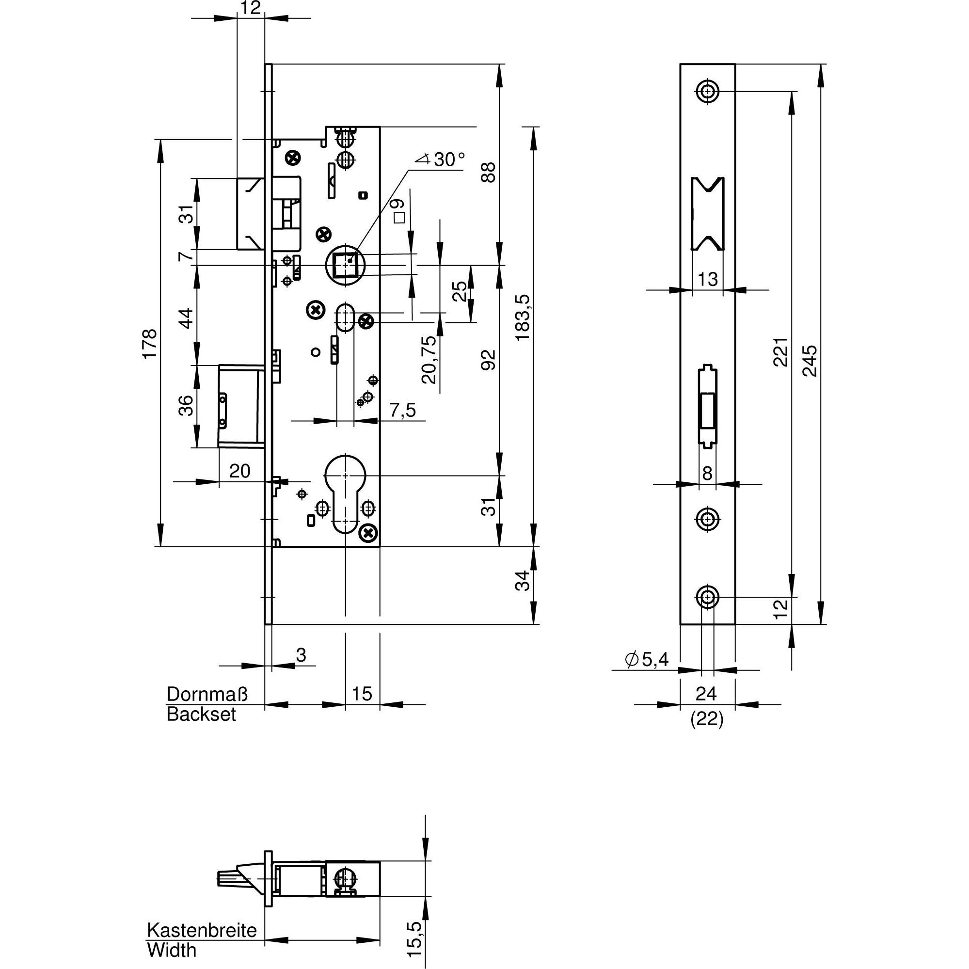 Thumbnail - Wilka, Türschloss + Schliesszylinder, Anti-Panik-RR-Schloss, 6667 Fkt. E, einfl. 30 mm Dorn, Din umstellbar (Einstecksch...
