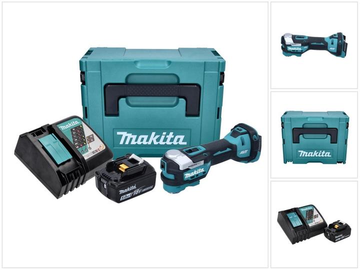 1x Makita DTM 52 cordless multifunction tool, 1x Makita BL 1850 B 18 V 5.0 Ah battery, 1x Makita DC 18 RC battery charger 18 V, 1x Makita Makpac, 1x universal insert