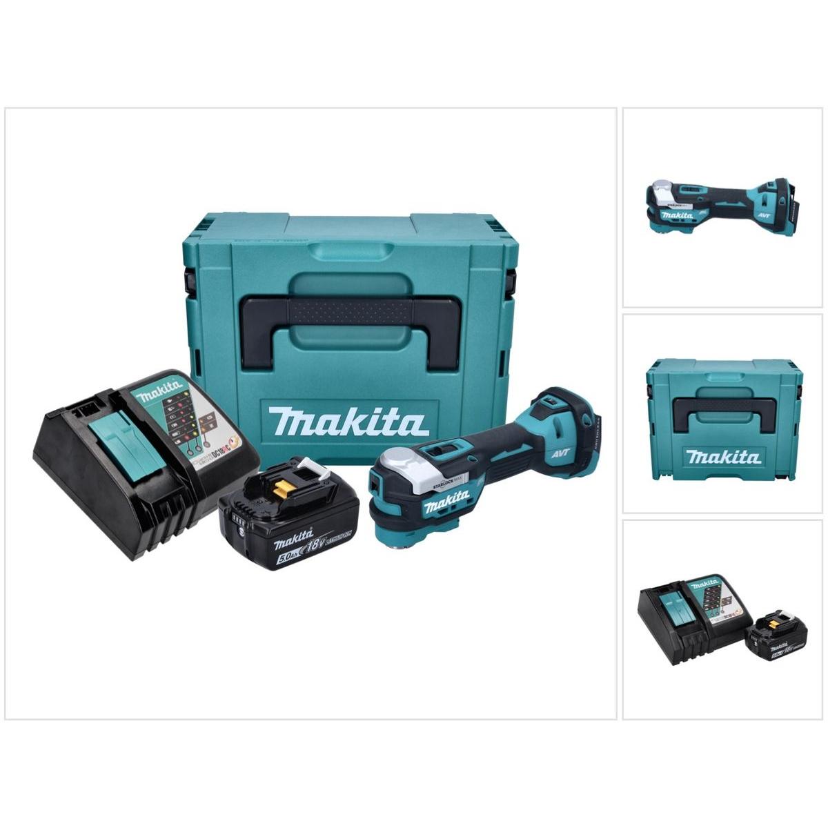 Makita, Multifunktionswerkzeug, DTM 52 RT1J Akku Multifunktionswerkzeug 18 V Starlock Max Brushless + 1x Akku 5,0 Ah + L...