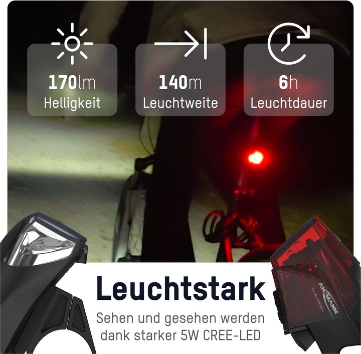 Immagine prodotto Ansmann Illuminazione per biciclette Set di luci per biciclette Batteria anteriore e posteriore (170 lm, 170 lm)