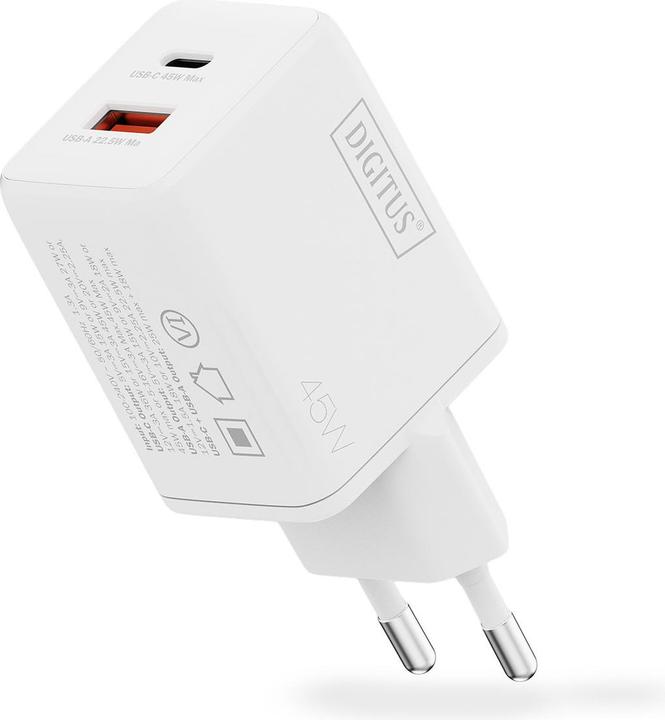 Productafbeelding Digitus USB GaN Charger 45W, 1x USB-C, 1x USB-A (45 W, 2 ports)
