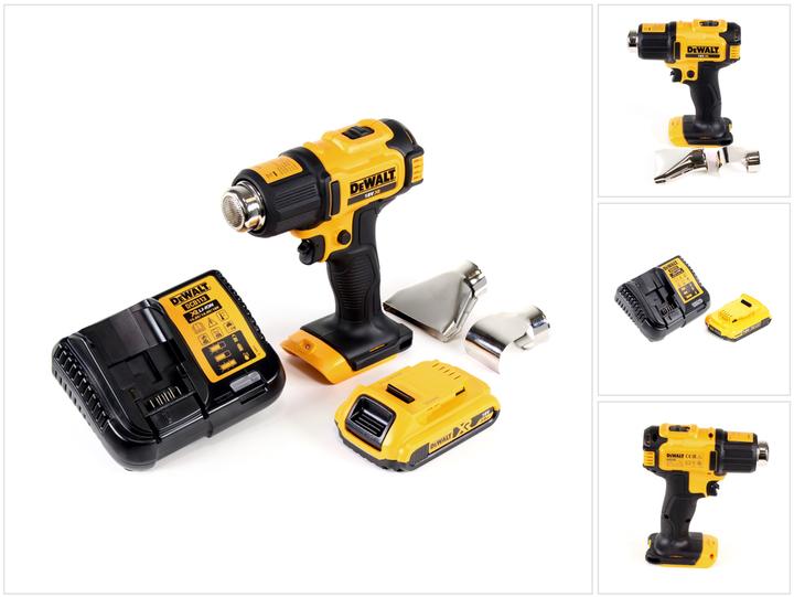 1x pistola ad aria calda a batteria DeWalt DCE 530 N 18V - 1x ugello per superfici - 1x ugello con riflettore - 1x batteria da 2,0 Ah - 1x caricabatterie