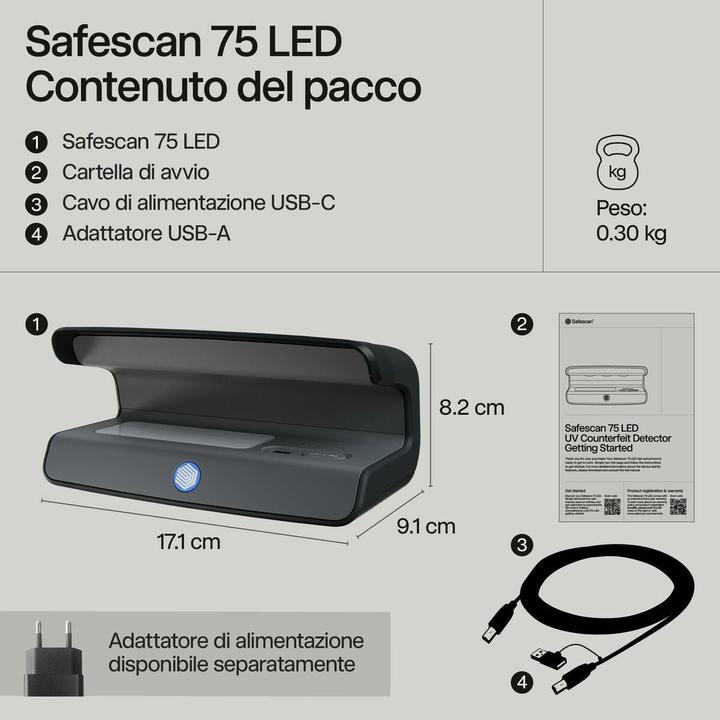 Immagine prodotto Safescan 75 LED UV/Weissl Prüfgerät Währungen, Pässe Schwarz (Validatore di banconote)