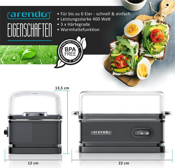 Produktbild Arendo Edelstahl Eierkocher 6-fach, 400 W, Edelstahl, Warmhaltefunktion, Härtegrad einstellbar, schwarz