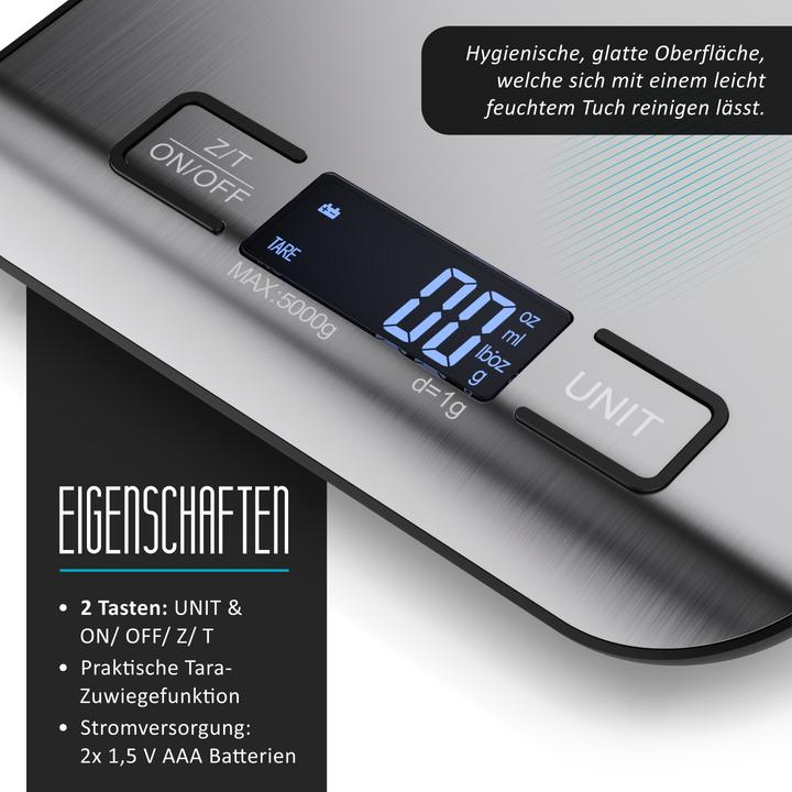 Produktbild Arendo Digitale Lebensmittelwaage bis 5 kg aus Edelstahl, Messgenauigkeit 1g, Tara-Funktion, Display