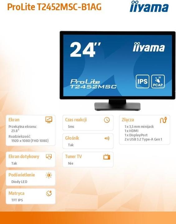 Produktbild iiyama 60.5cm (23,8") T2452MSC-B1AG 16:9 Touch HDMI+USB+DP (1920 x 1080 Pixel, 23.80")
